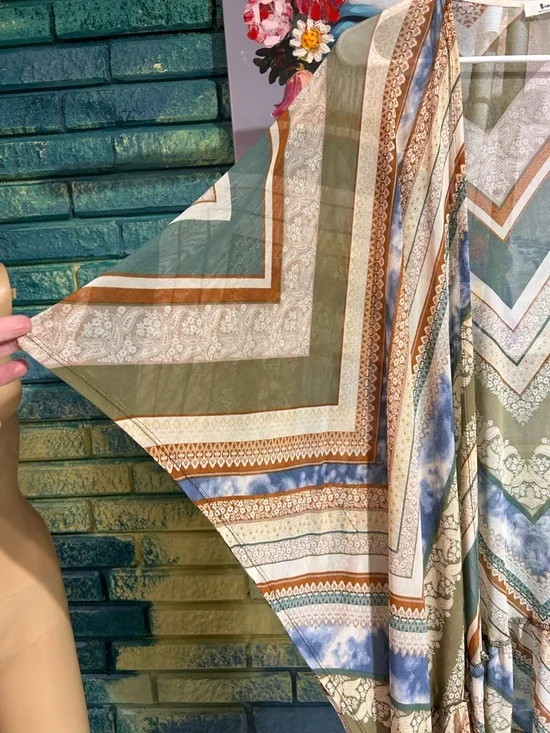 Three Bird Nest Olive Multi Chevron Kimono Cardigan semi sheer ruffled NWT s/m - Picture 6 of 10